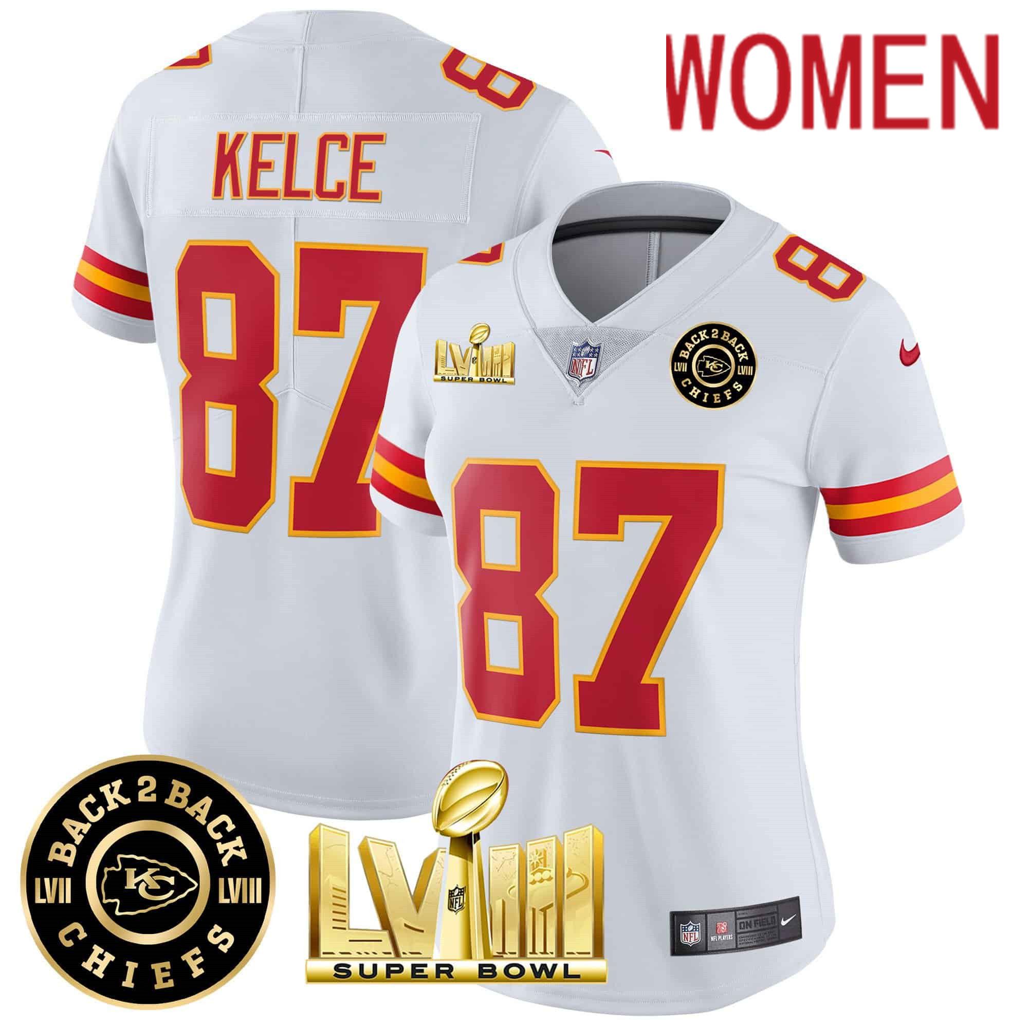 Women Kansas City Chiefs #87 Kelce White 2024 Nike Super Bowl LVIII & Back-2-Back Patch Vapor NFL Jersey->women nfl jersey->Women Jersey